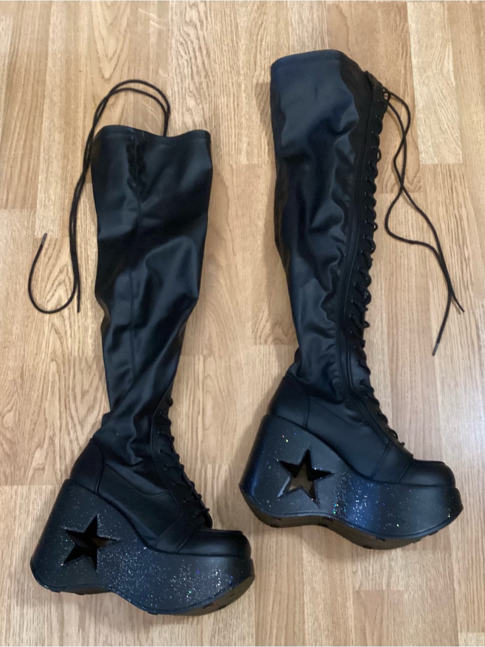 Demonia Dynamite-300 Black Matte Star Cutout Platform Thigh-High Boots Womens 9